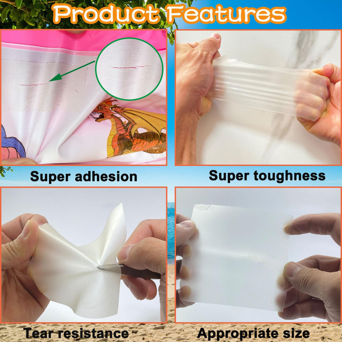 Waterproof TPU patch adheres to a bounce house seam for a temporary fix.