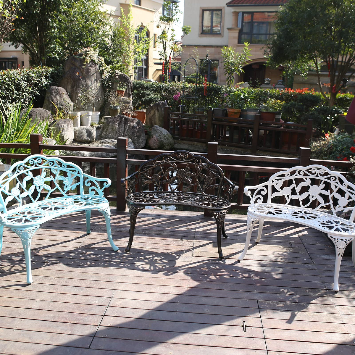 KAILI light-blue outdoor bench adds a calming color to outdoor spaces.
