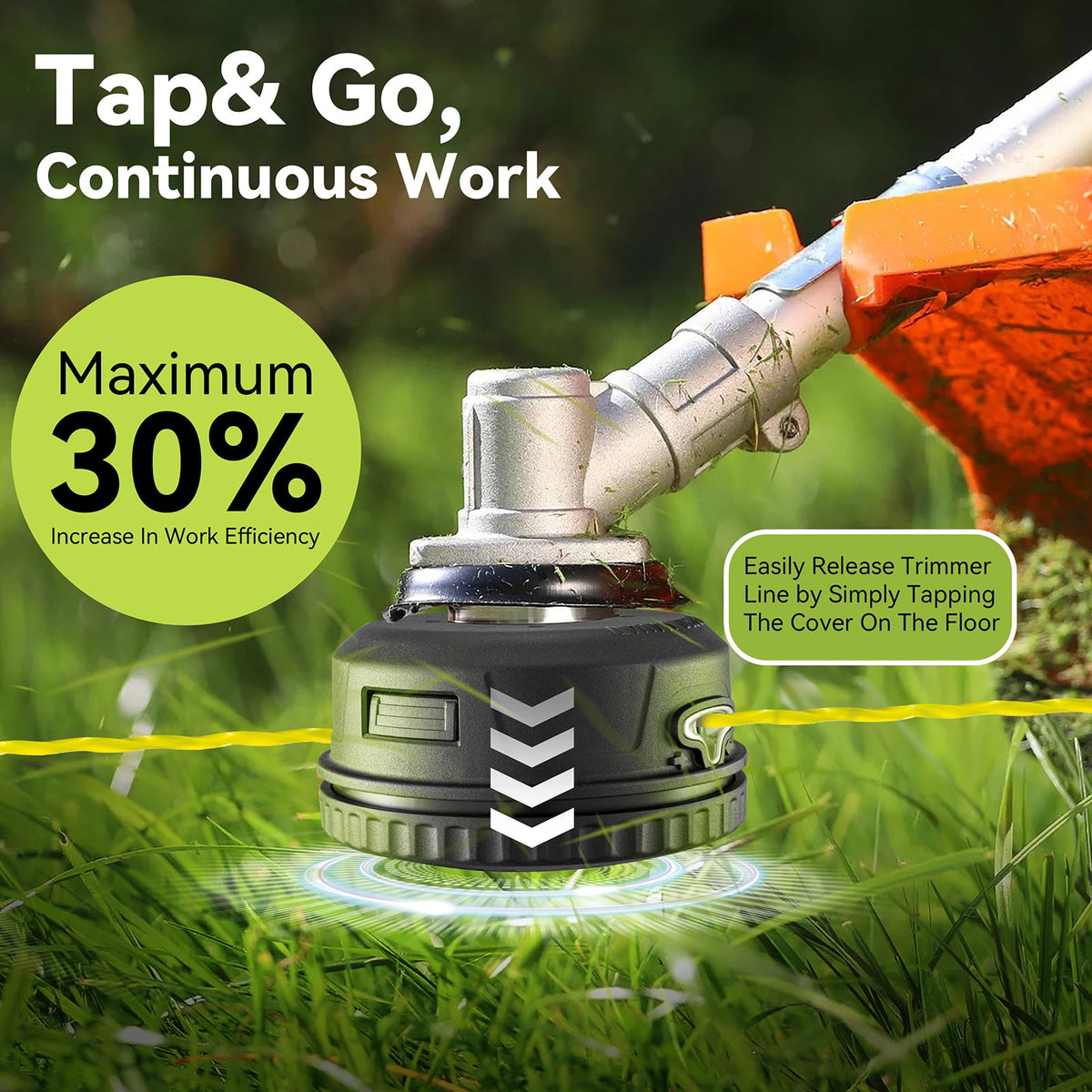 Tap & Go system extends line with a single tap, reducing downtime.