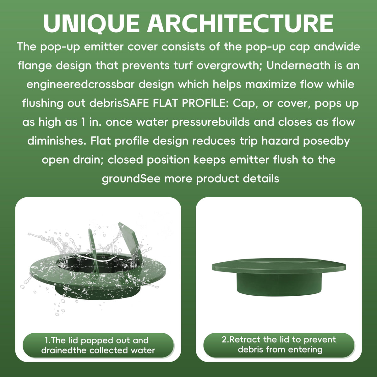 KAKAPEOPLE Pop Up Drain Emitter Cap auto pop-up reduces overflow risk.