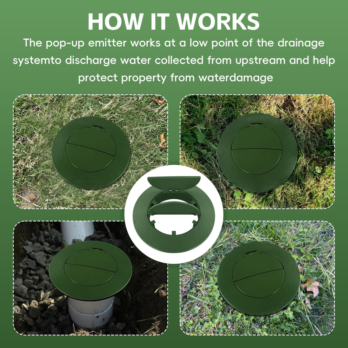 KAKAPEOPLE Pop Up Drain Emitter Cap in high visibility green for quick maintenance.
