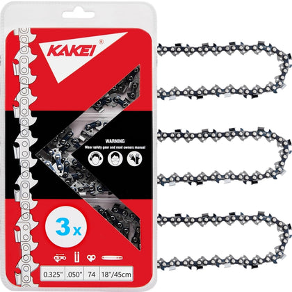 KAKEI 18-inch chain with 325 pitch and 74 drive links for efficient cutting.