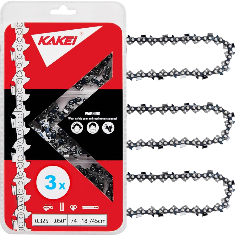 KAKEI 18-inch chain with 325 pitch and 74 drive links for efficient cutting.