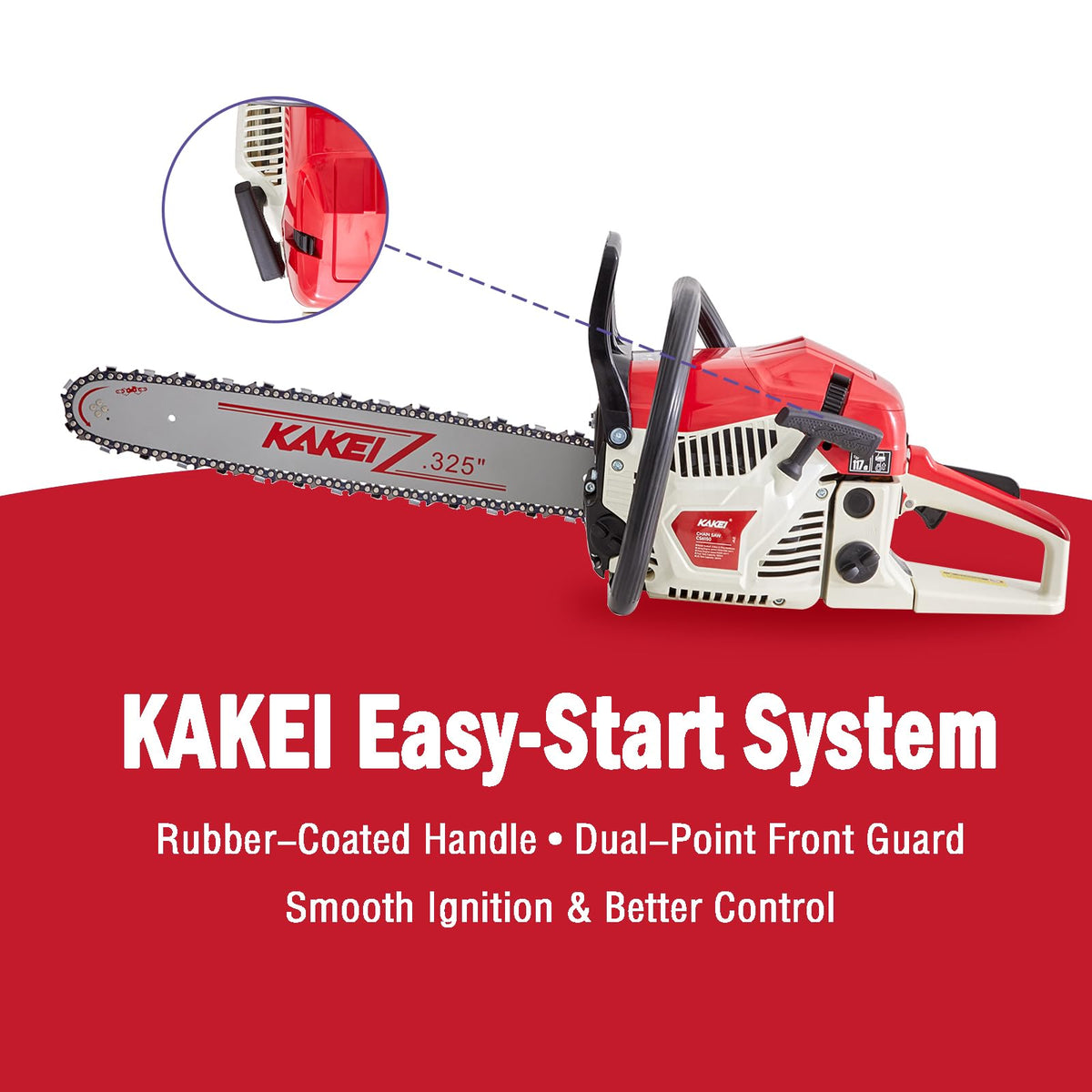KAKEI chainsaw with large fuel tank enabling longer runtime