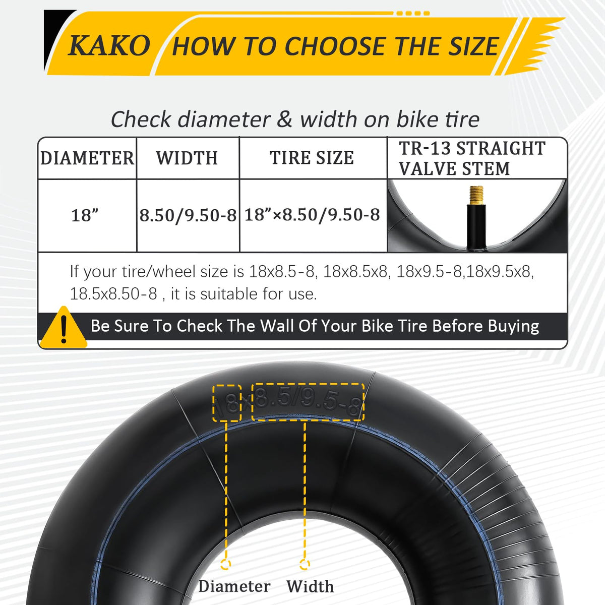 KAKO inner tube fits 18x9-50-8 tires for carts and mowers.
