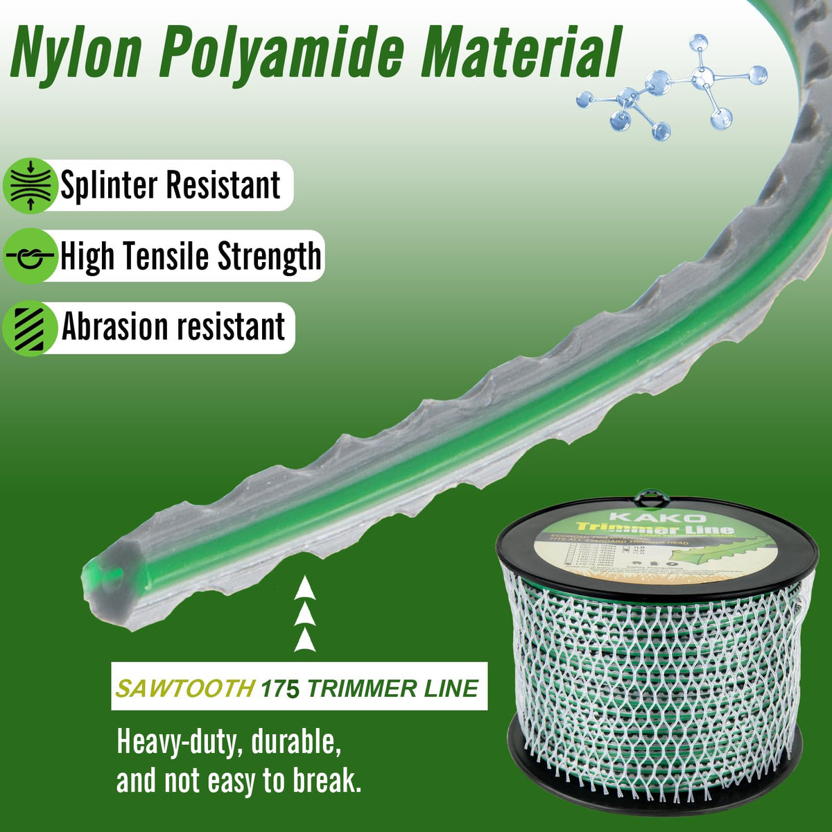 KAKO Sawtooth 175 trimmer line shows durable nylon construction for tough tasks