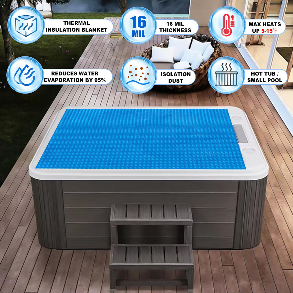 Kakolvan solar cover on outdoor pool supports year-round use.