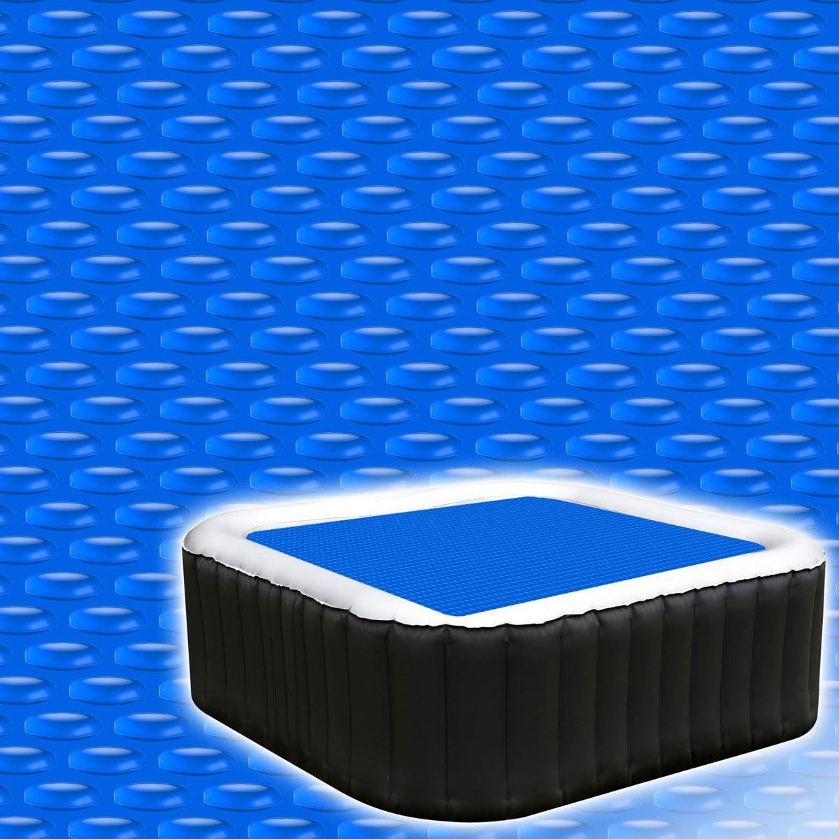 Kakolvan solar bubble hot tub cover on water surface enhances heat retention.