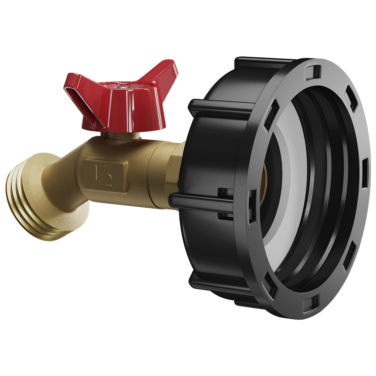 KAKSEY IBC tote adapter with coarse thread for easy garden hose connection.