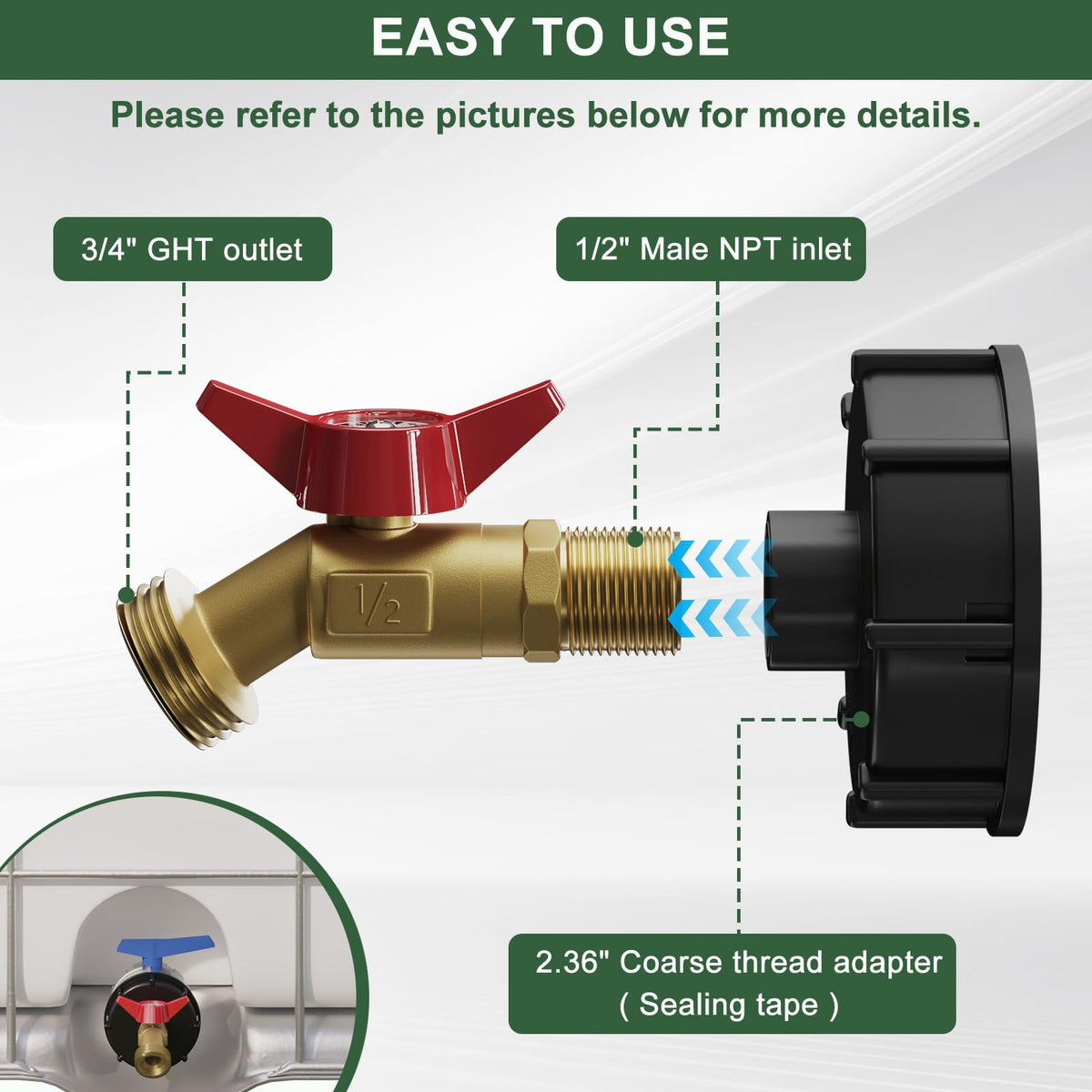 KAKSEY IBC adapter provides easy installation and adjustable water output.