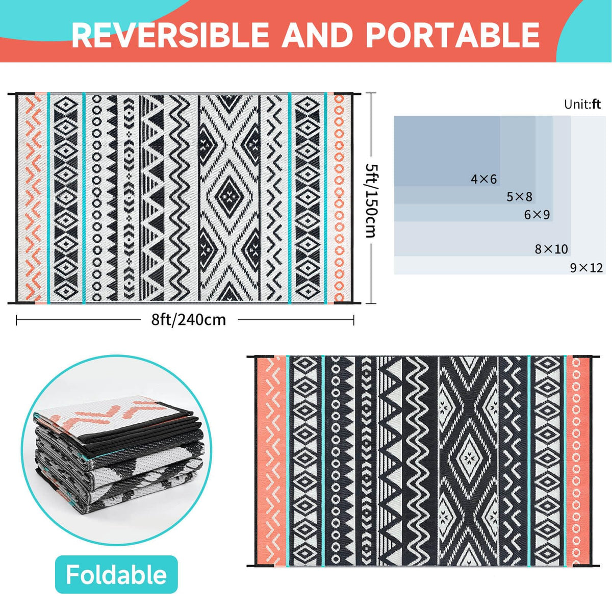 Kalafun 5x8 waterproof rug, folds compactly for camping and travel.
