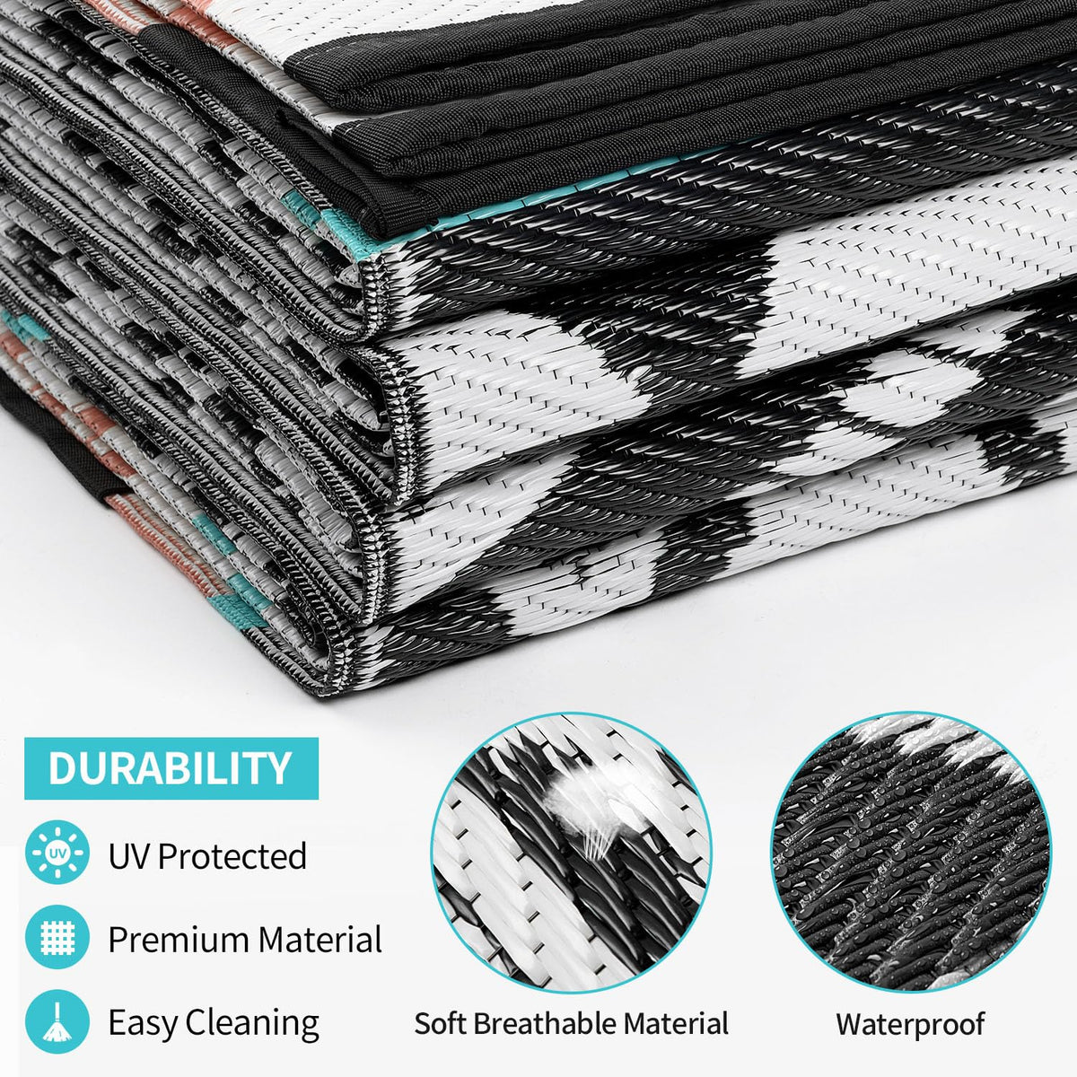 Kalafun weatherproof rug with heat-sealed edges, resists fraying outdoors.