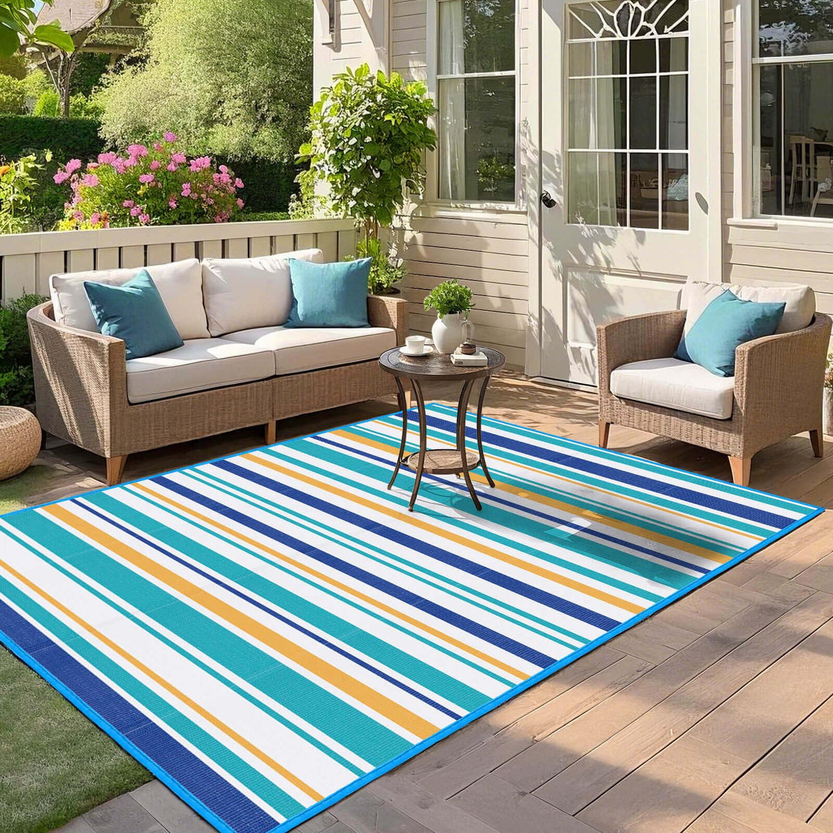 Kalafun outdoor rug by poolside offers non-slip, quick-clean surface.