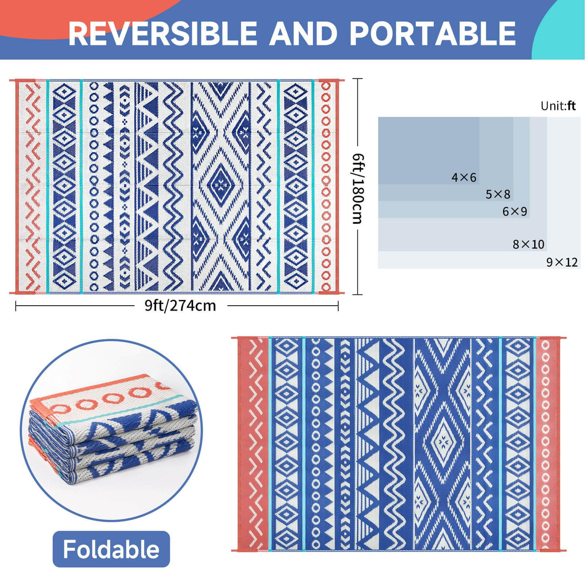 Kalafun plastic straw patio rug for outdoor dining, weather resistant and portable.
