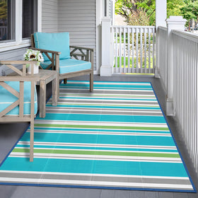 Kalafun outdoor living rug in grey-teal tones for balcony or deck