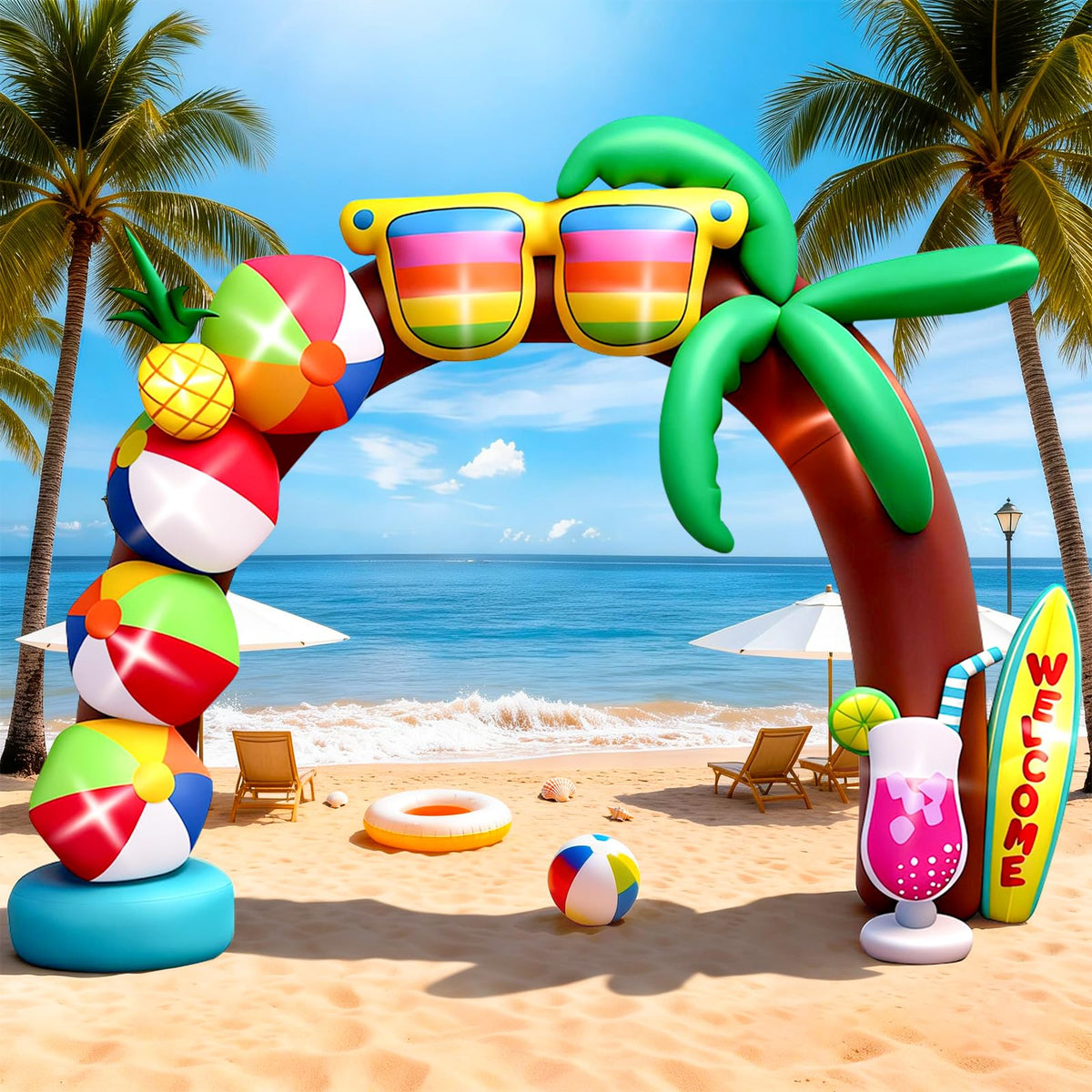 Kalolary 10ft summer arch with beach balls enhances outdoor party visibility for photos