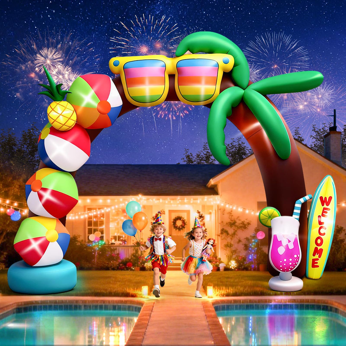 Kalolary arch featuring sunglasses and surfboards creates a playful summer backdrop