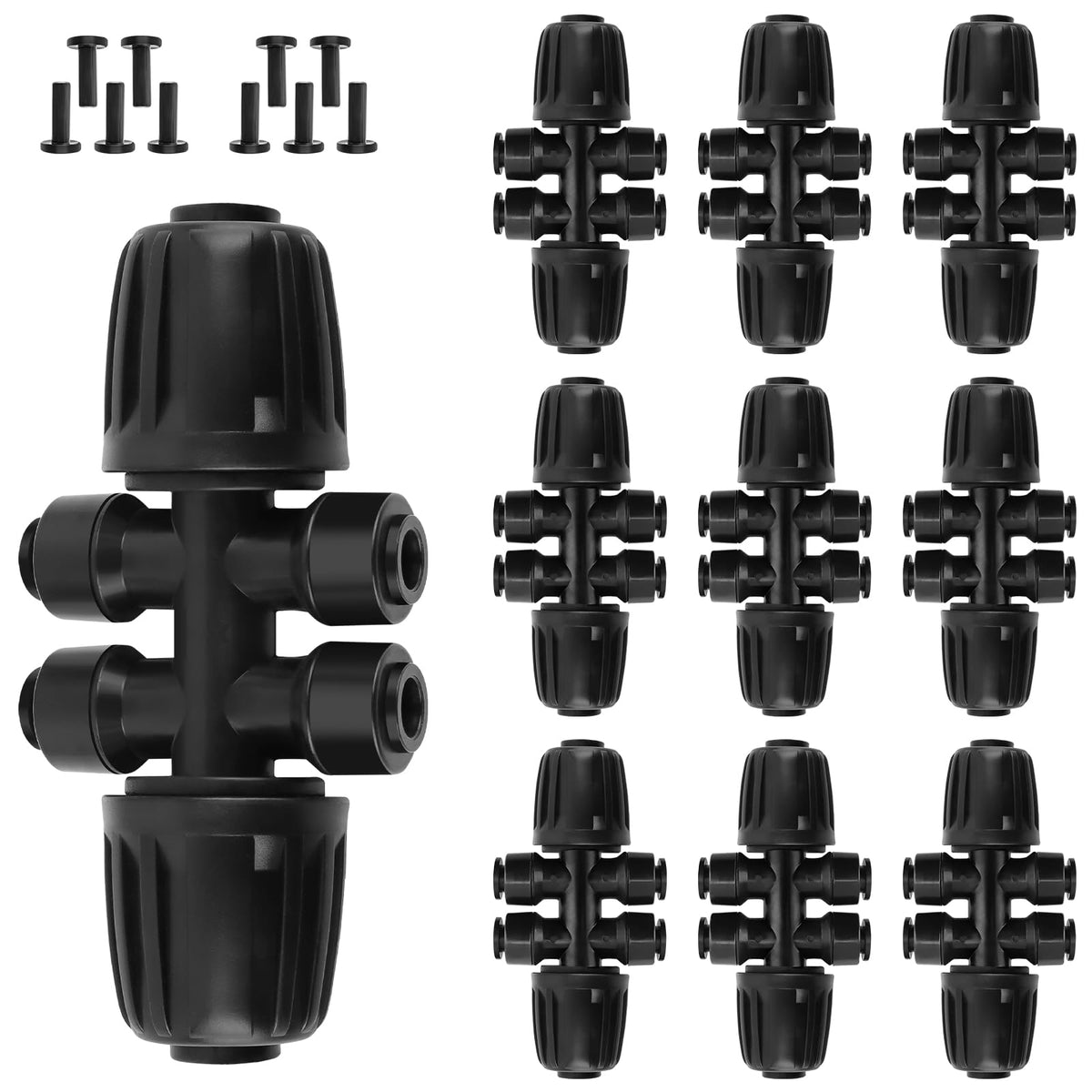 Kalolary 6-way barbed tee connectors distribute water efficiently for garden irrigation.
