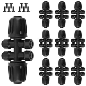 Kalolary 6-way barbed tee connectors distribute water efficiently for garden irrigation.
