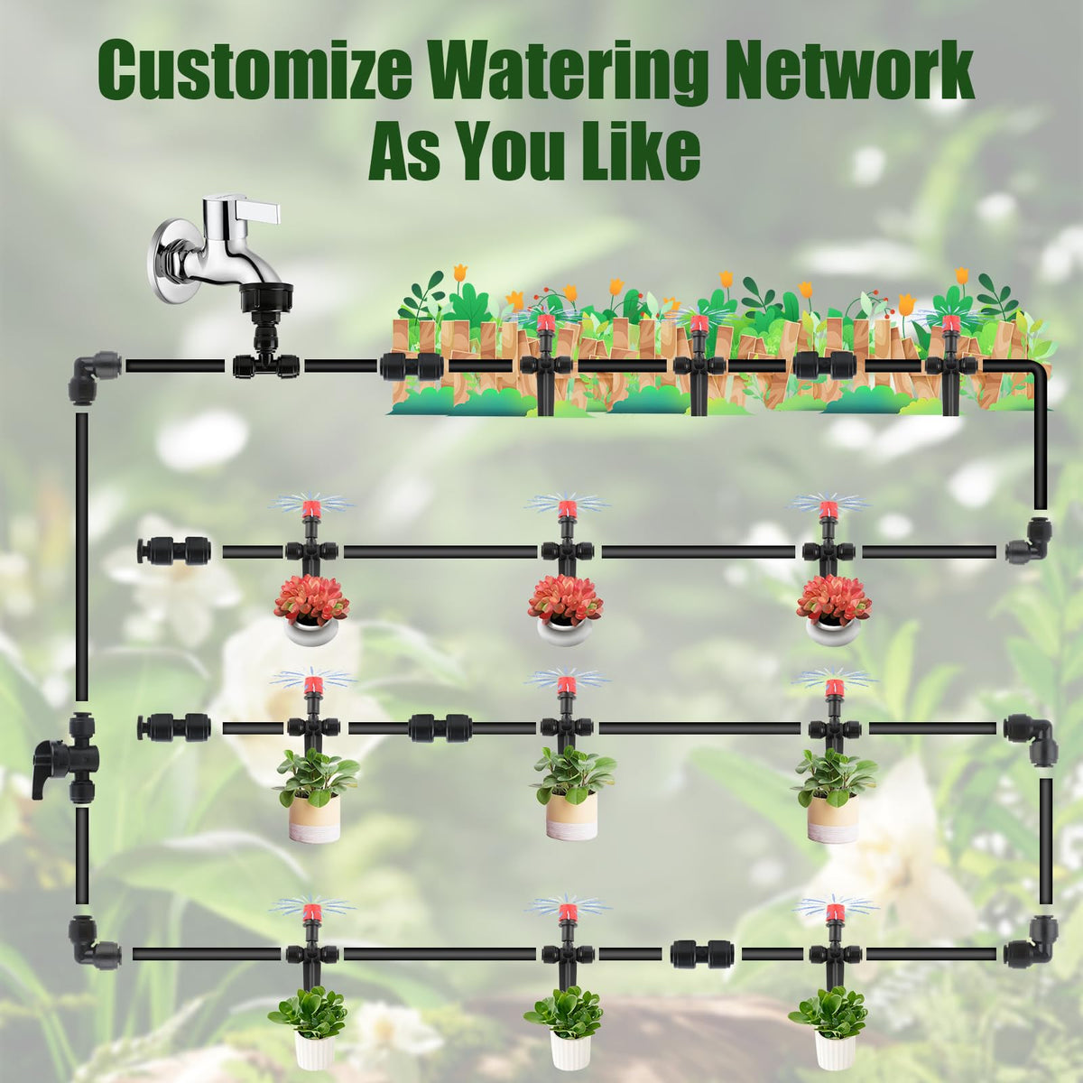 Kalolary US-standard faucet compatibility for garden hose to one-quarter inch tubing.