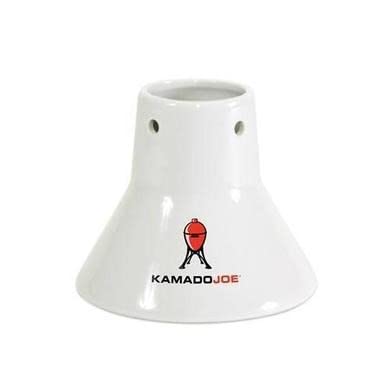 Kamado Joe ceramic chicken roaster in use for even heat.