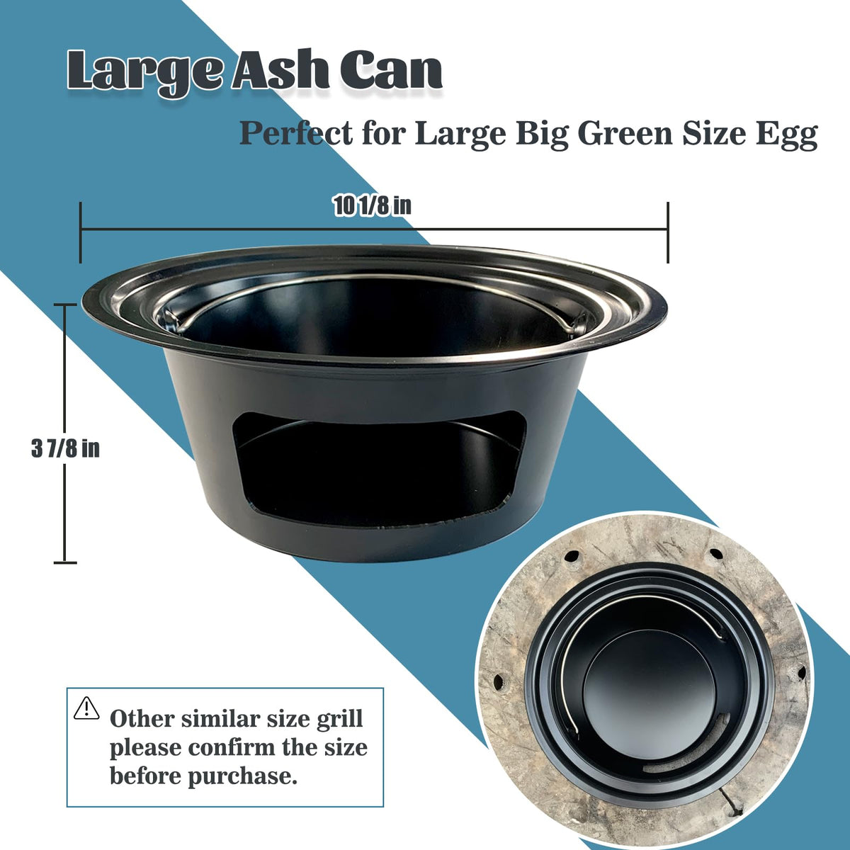KAMaster ash can fits Large Green Egg fire box for precise placement.