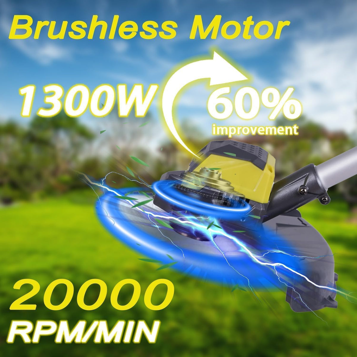 KAMIERTE Electric Weed Wacker brushless motor detail indicating powerful performance