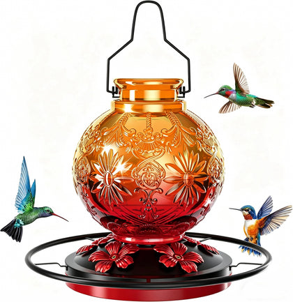 KAMIVERDE glass hummingbird feeder outdoors with 24 oz capacity attracts vibrant flocks to sunny patios.
