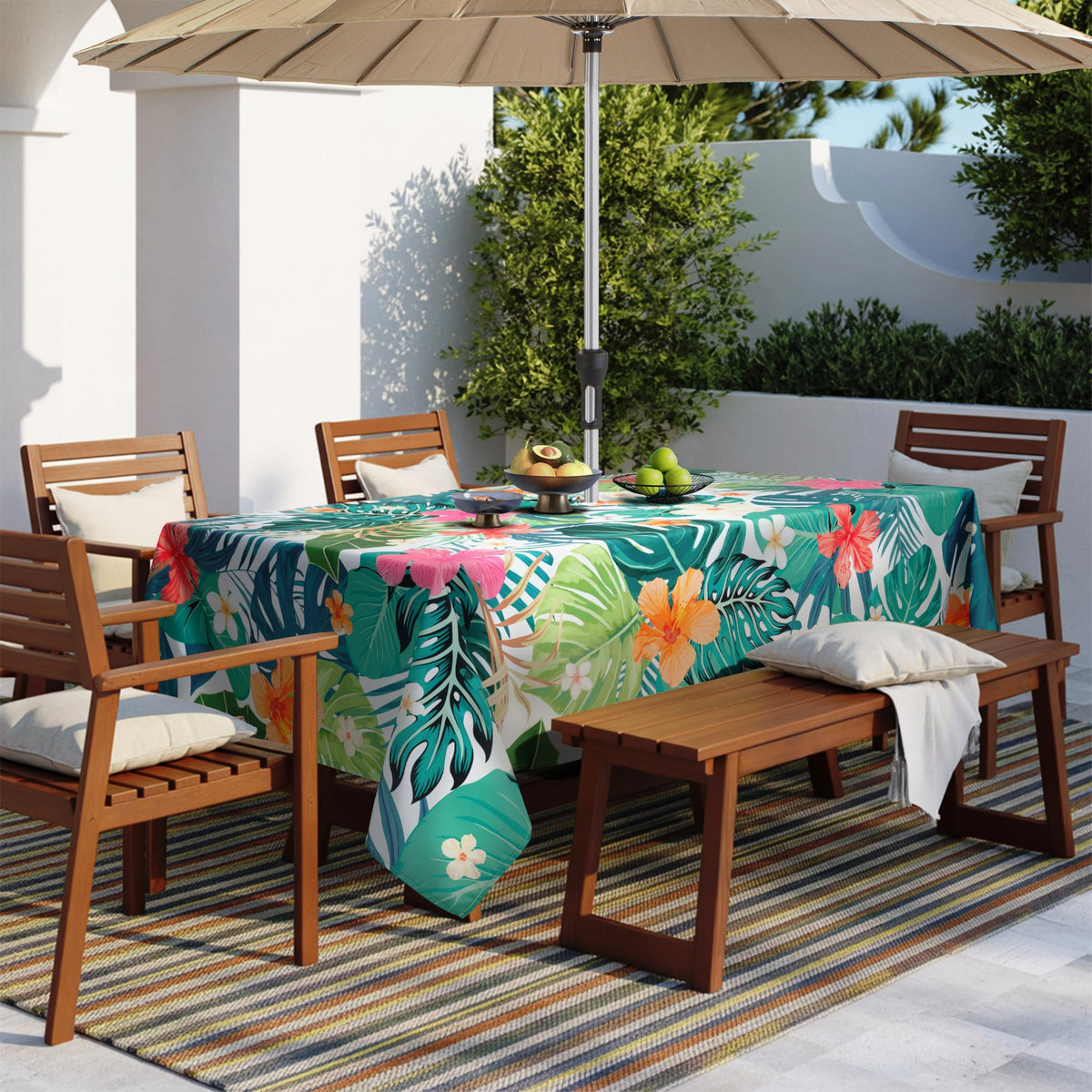 Kamoor durable polyester tablecloth designed for repeated outdoor use.