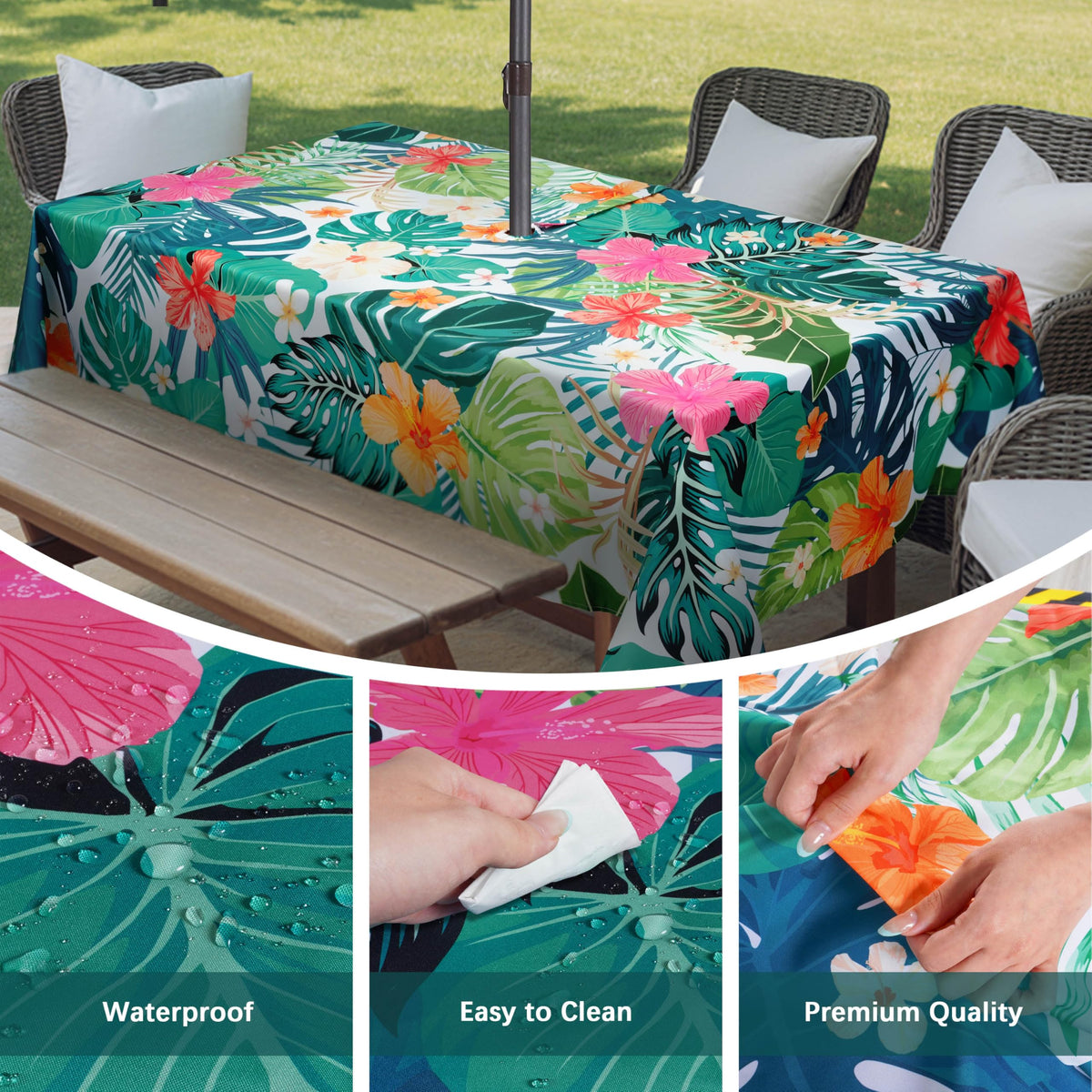 Kamoor palm leaves design enhances tropical vibe at outdoor meals.