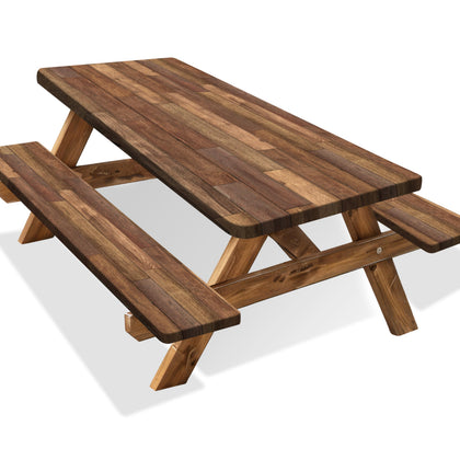 Kamoor picnic table cover with wooden-brown finish protects surfaces and adds rustic style.