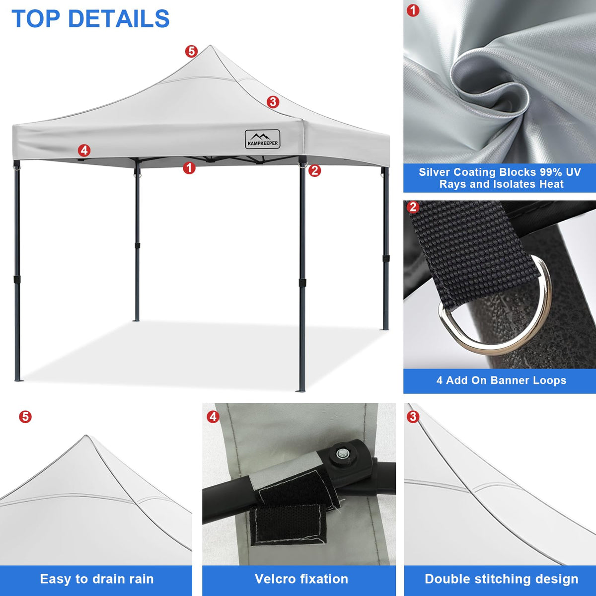 KAMPKEEPER canopy top cover white waterproof seams help all-weather performance.