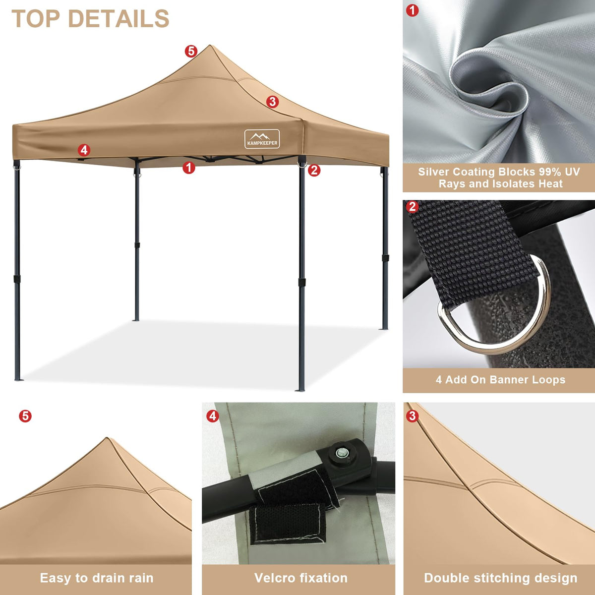 KAMPKEEPER durable top preserves color and shape under sun and rain.