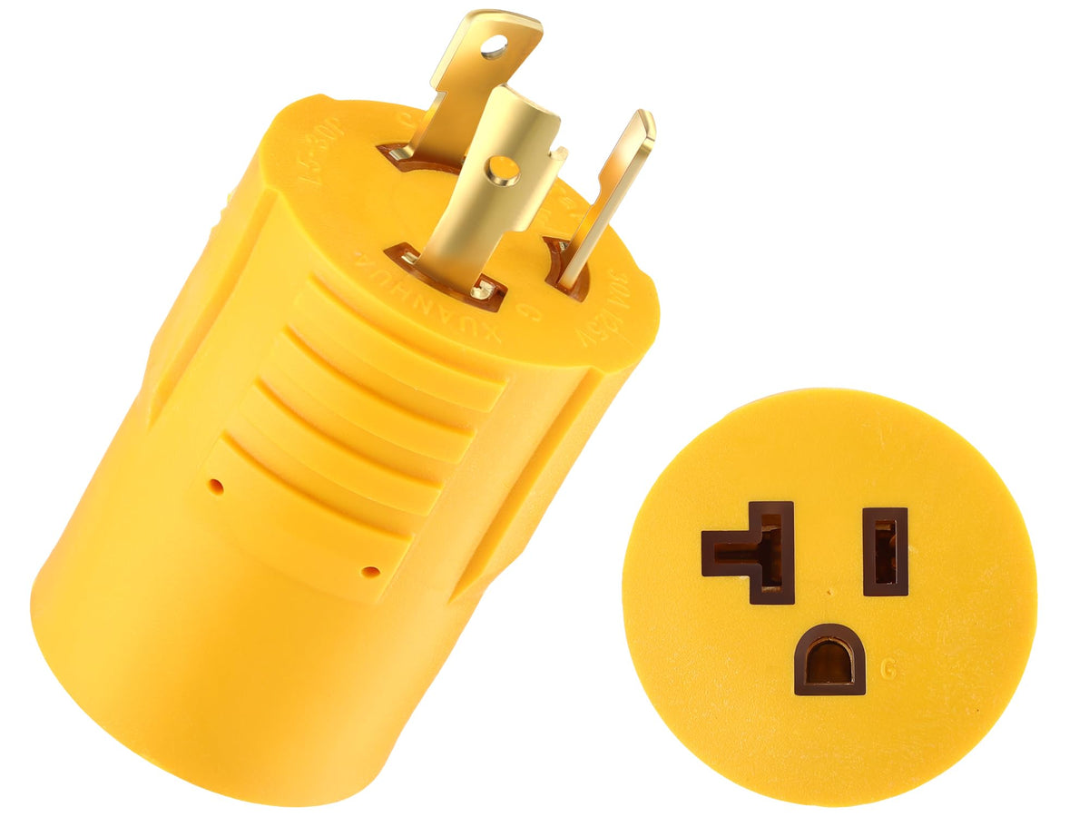 Kanayu shore power adapter close-up showing l5-30p to 5-15-20r connection for RV use