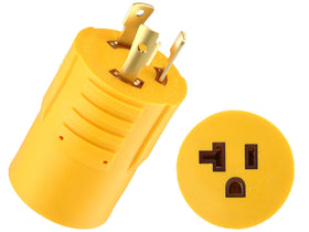 Kanayu shore power adapter close-up showing l5-30p to 5-15-20r connection for RV use
