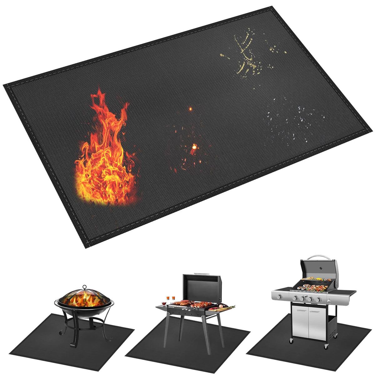 Kanhiro 65x48 inch Under Grill Mat protects decks from sparks and grease.