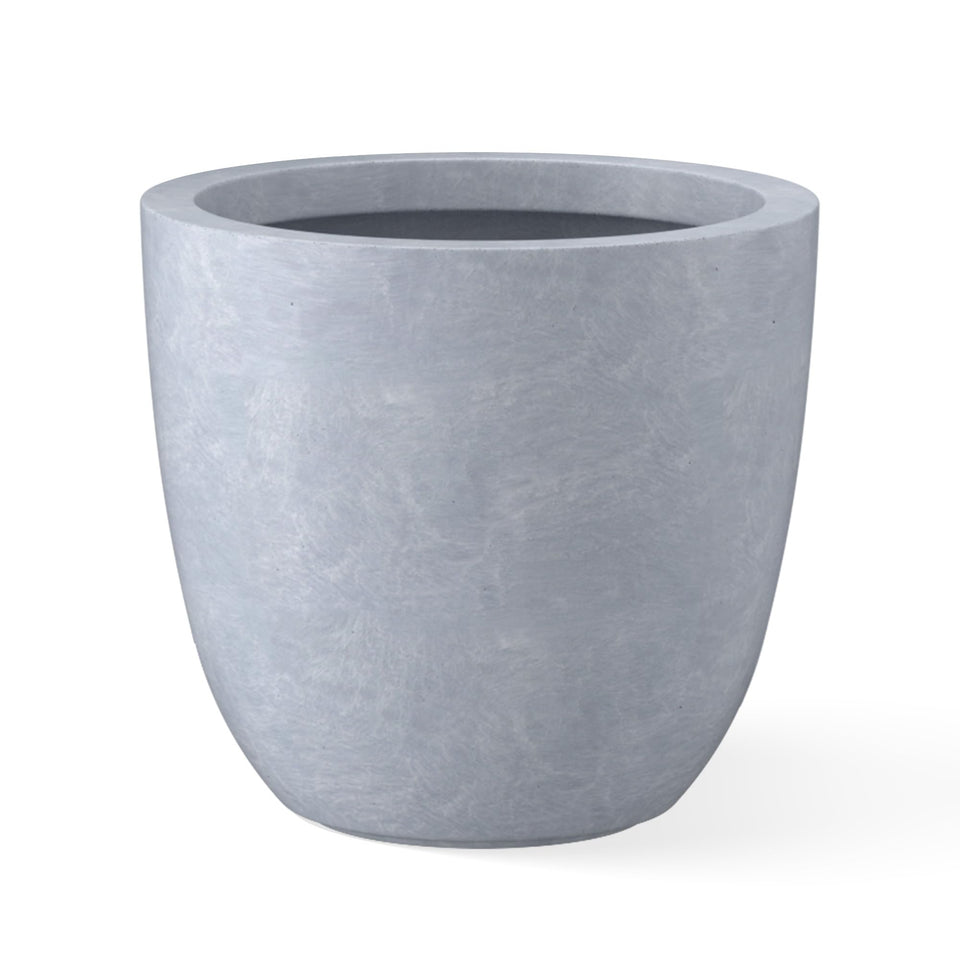 Kante 14-inch round concrete planter slate gray, front view, enhances contemporary outdoor spaces
