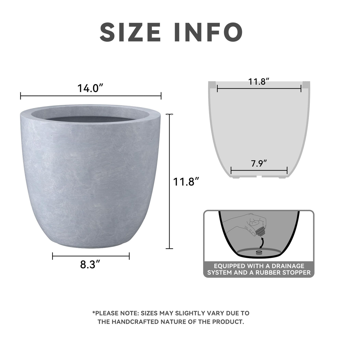 Kante 14-inch round concrete planter slate gray, side view, blends with urban balconies