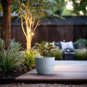Kante 14-inch round concrete planter slate gray, top view, shows generous growing space