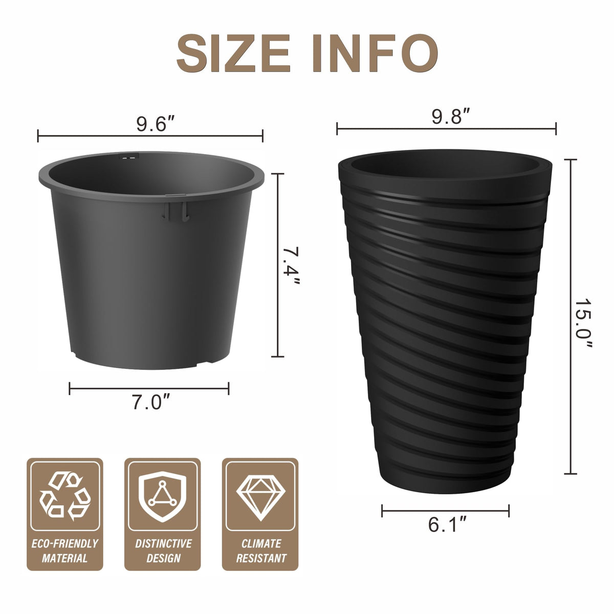 Kante tall planter 15 inch side view shows black finish and durable outdoor ready design
