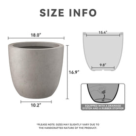 Kante 18-inch round concrete planter side view highlights curved silhouette for balcony or patio.