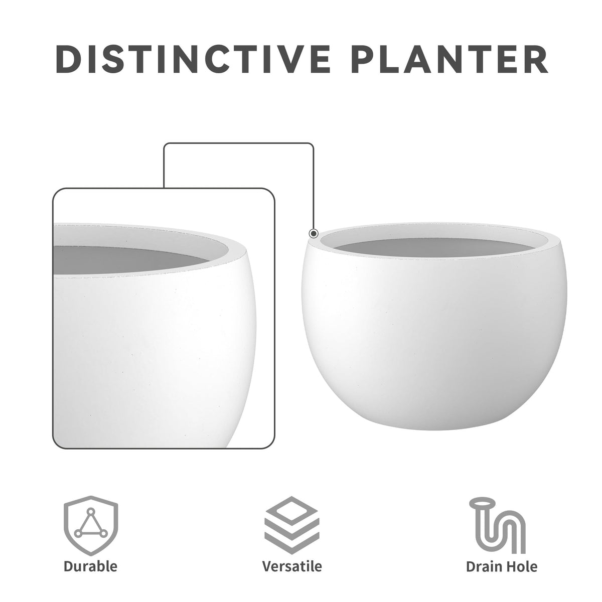 Kante pure white round planter adds modern contrast to decor.