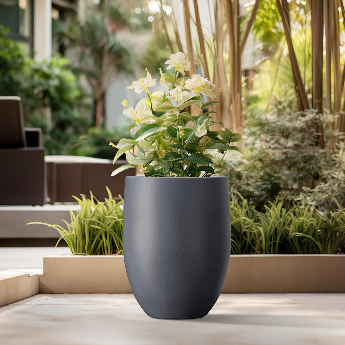 Kante round concrete planter with smooth finish for modern interiors