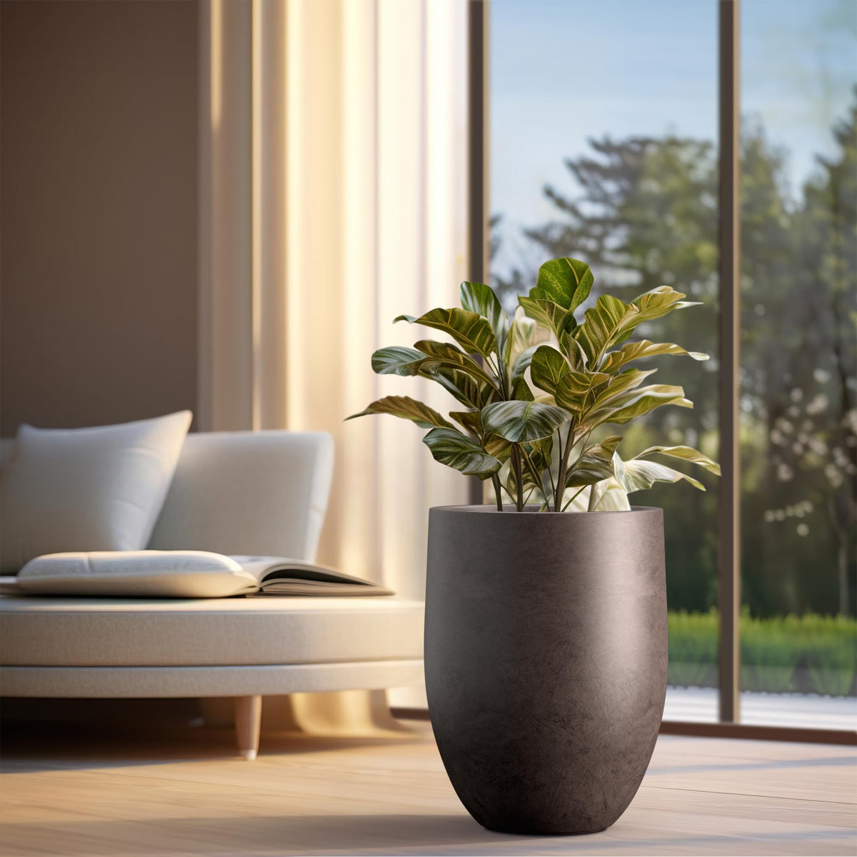 Kante tall concrete planter outdoor patio setting demonstrates generous planting space