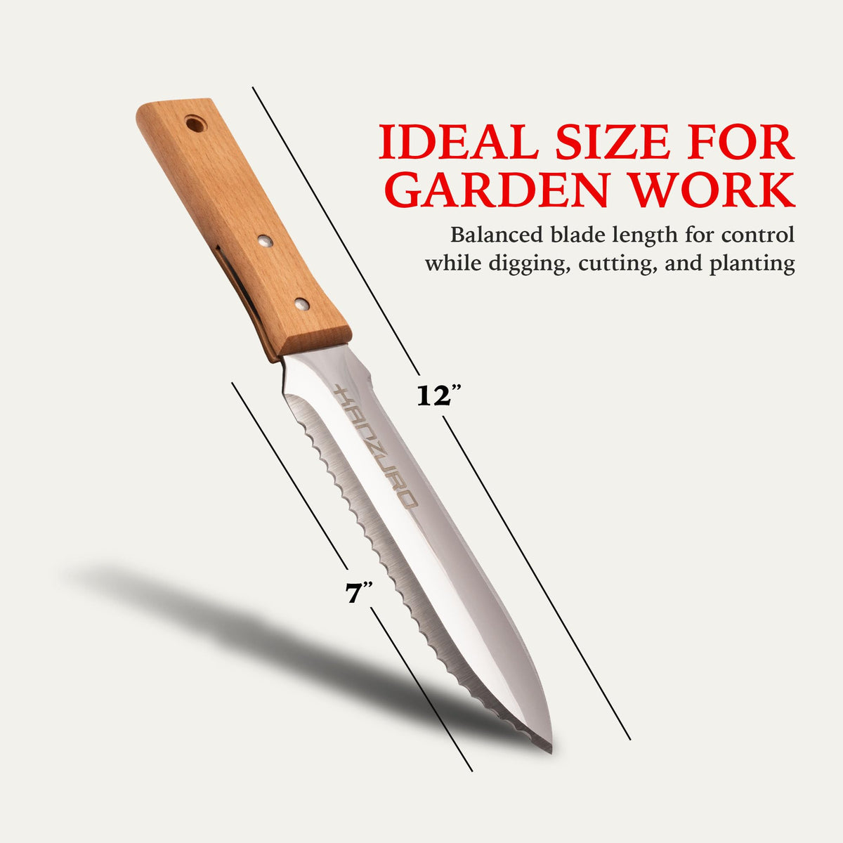 Kanzuro Hori Hori depth markings on blade enable precise planting.