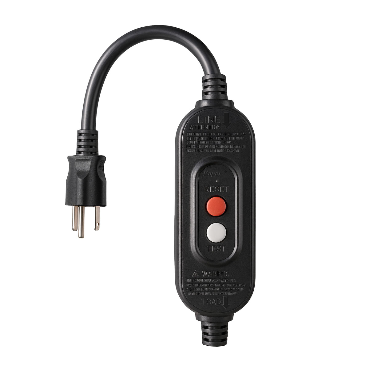 Kaper auto-reset inline GFCI plug for unattended outdoor equipment.