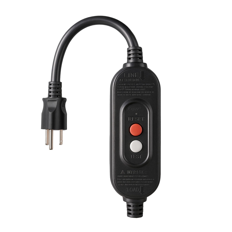 Kaper auto-reset inline GFCI plug for unattended outdoor equipment.