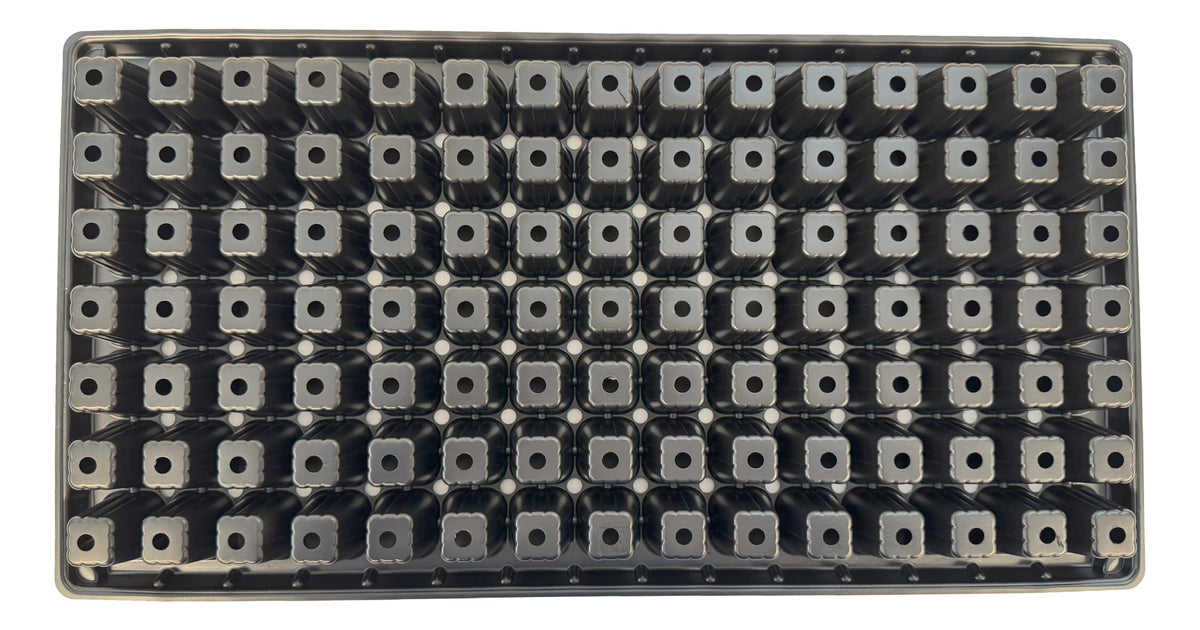 Kapok Candle Co 105-cell seedling tray in 1.0 mm plastic emphasizes durability for reuse.