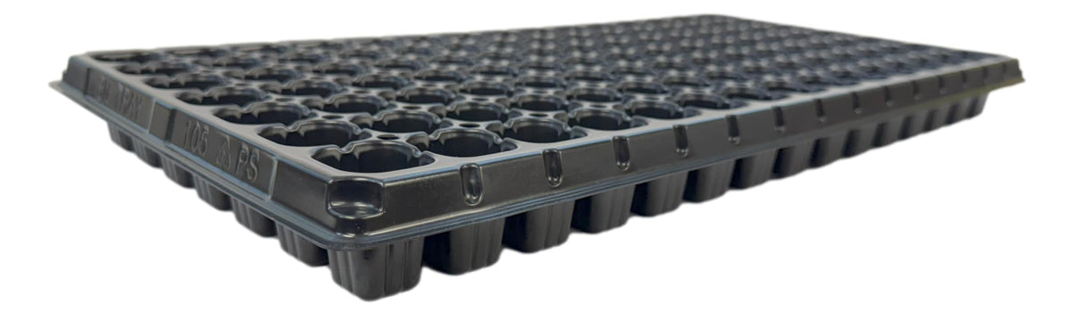 Kapok Candle Co 105-cell tray closeup shows drainage holes and healthy root air pruning.