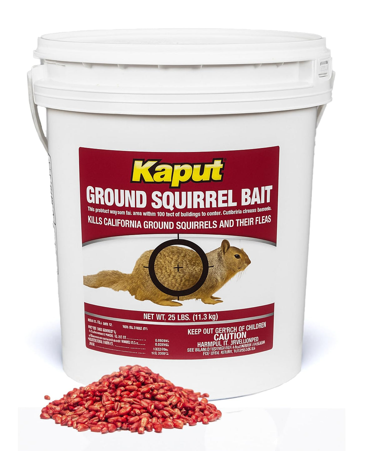 Kaput ground squirrel bait bottle for outdoor pest control.